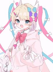 Rule 34 | 1girl, :d, arm at side, bag, blonde hair, blue bow, blue eyes, blush, bow, bowtie, chouzetsusaikawa tenshi-chan, collared shirt, hair bow, handbag, hood, hood down, hooded jacket, jacket, kabe (zp66104), long hair, long sleeves, looking at viewer, needy girl overdose, open mouth, parted bangs, pink bow, pink jacket, purple bow, red bow, red bowtie, shirt, sidelocks, simple background, smile, solo, teeth, twintails, upper body, upper teeth only, very long hair, white background, white bow, white shirt