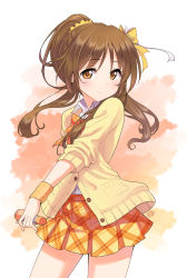 Rule 34 | 1girl, arm behind back, bandai namco, blush, bow, brown eyes, brown hair, buttons, cardigan, closed mouth, collared shirt, cowboy shot, dress shirt, hair bow, hair intakes, hair over shoulder, highres, holding, holding microphone, idolmaster, idolmaster cinderella girls, long hair, long sleeves, looking at viewer, microphone, miniskirt, plaid, plaid skirt, pleated skirt, pocket, ponytail, shirt, sidelocks, signature, skirt, sleeve pushed up, smile, smirs, solo, takamori aiko, unbuttoned, wing collar, wristband, yellow background, yellow bow, yellow cardigan, yellow skirt