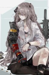 Rule 34 | 1girl, black bra, black nails, blood, blood on clothes, bra, breasts, brown hair, bullet, collared shirt, commentary, english commentary, girls&#039; frontline, gun, h&amp;k ump, hair between eyes, headgear, highres, holding, holding screwdriver, long hair, mechanical arms, mod3 (girls&#039; frontline), nail polish, nslacka, one eye closed, one side up, open clothes, open shirt, pliers, repairing, scar, scar across eye, scar on face, screwdriver, shirt, single leg pantyhose, single mechanical arm, sitting, sleeves rolled up, small breasts, solo, submachine gun, suppressor, ump45 (girls&#039; frontline), ump45 (mod3) (girls&#039; frontline), underwear, very long hair, weapon, white shirt, yellow eyes