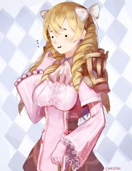 Rule 34 | 1girl, :3, ascot, blonde hair, blush, bow, breasts, center frills, chocojax, commentary, drill hair, earrings, english commentary, fire emblem, fire emblem awakening, frills, gloves, hair bow, hair ornament, highres, jewelry, lace, long hair, maribelle (fire emblem), nintendo, solo, yellow eyes