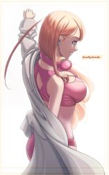 Rule 34 | 1girl, absurdres, bikini, bleach, blue eyes, breasts, cleavage, cowboy shot, earrings, floating hair, framed, from side, headphones, headphones around neck, highres, inoue orihime, jewelry, large breasts, long hair, nellyslewds, orange hair, outstretched arm, parted lips, pink bikini, profile, solo, standing, swimsuit, twitter username, very long hair, white background