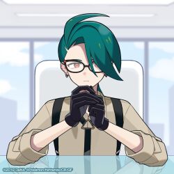 Rule 34 | 1girl, ahoge, androgynous, black gloves, collared shirt, creatures (company), earrings, game freak, glasses, gloves, green hair, hair over one eye, highres, indoors, jewelry, nintendo, official art, own hands together, pokemon, pokemon masters ex, pokemon sv, red eyes, rika (pokemon), shirt, suspenders, upper body, waka (wk4444)