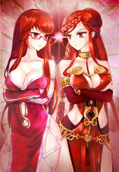 Rule 34 | 2girls, armlet, artist name, player character (mabinogi), bad id, bad pixiv id, bare shoulders, between breasts, braid, breast hold, breasts, cleavage, clothing cutout, collar, contrapposto, cowboy shot, crossed arms, dated, detached sleeves, dirjiland (mabinogi), dress, drill hair, eye contact, glasses, gold, highres, hip focus, large breasts, long hair, looking at another, mabinogi, macha (mabinogi), multiple braids, multiple girls, navel, navel cutout, pelvic curtain, pukel, red-framed eyewear, red dress, red eyes, red hair, semi-rimless eyewear, side slit, skindentation, standing, stare down, under-rim eyewear, very long hair