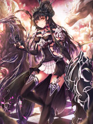 Rule 34 | 1girl, absurdres, armor, black choker, black flower, black footwear, black gloves, black hair, black hairband, black skirt, black thighhighs, boots, breasts, brown eyes, chess piece, choker, cleavage, closed mouth, clothing cutout, commentary, covered navel, crown, elbow gloves, flower, foot out of frame, garter straps, gloves, h2o (dfo), hair between eyes, hairband, high-low skirt, highres, holding, holding polearm, holding weapon, knight (chess), long hair, looking at viewer, medium breasts, original, polearm, shoulder armor, side cutout, sideless outfit, silver trim, skirt, solo, standing, standing on one leg, statue, symbol-only commentary, thighhighs, tile floor, tiles, two-tone skirt, weapon, white skirt, yellow eyes