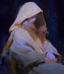Rule 34 | 1girl, abstract background, black background, blue background, bound, brown hair, cloak, closed mouth, commentary, english commentary, faux traditional media, from side, highres, hood, hood up, hooded cloak, long hair, long sleeves, original, own hands together, profile, shaded face, sitting, solo, upper body, yuming li