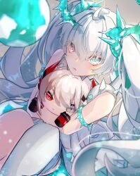 Rule 34 | 1girl, ahoge, aki rii25, armlet, character doll, cross-shaped pupils, dress, from behind, green eyes, green halo, grey dress, grey eyes, grey hair, hair ornament, halo, headgear, headphones, heterochromia, highres, hugging doll, hugging object, long hair, looking at viewer, lucia: crimson abyss (punishing: gray raven), luna: laurel (wispthorn) (punishing: gray raven), orb, punishing: gray raven, red eyes, single thighhigh, solo, spiked armlet, spiked halo, symbol-shaped pupils, thighhighs, twintails, very long hair, white thighhighs