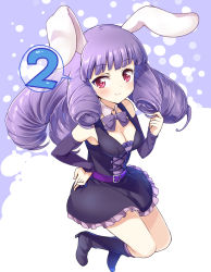 Rule 34 | 10s, 1girl, animal ears, blunt bangs, blush, bow, breasts, chuchu (show by rock!!), cleavage, countdown, detached collar, long hair, looking at viewer, medium breasts, mitsuki meia, purple bow, purple eyes, purple hair, rabbit ears, show by rock!!, simple background, smile, solo, spoken number