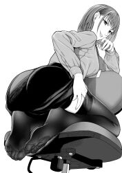 Rule 34 | 1girl, absurdres, ass, bob cut, breasts, chair, earrings, feet, fine fabric emphasis, foot focus, from behind, full body, greyscale, hand on own thigh, hand up, highres, jewelry, kyuuso inukami, long sleeves, looking at viewer, looking back, medium breasts, medium hair, miniskirt, monochrome, name tag, office chair, office lady, on chair, original, parted lips, seiza, simple background, sitting, skirt, soles, solo, stud earrings, swivel chair, thighhighs, thighs, toes, zettai ryouiki