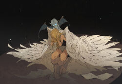 Rule 34 | 1girl, 1other, angel wings, black shirt, black tank top, blonde hair, blue eyes, commentary request, covered face, creature, creature on shoulder, crying, dark background, demizu posuka, demon, furrowed brow, grey shorts, hand up, hands on own face, hands up, head down, kneeling, long hair, on shoulder, original, paper, parted lips, reflection, reflective floor, shirt, shorts, sleeveless, tank top, wings, worried
