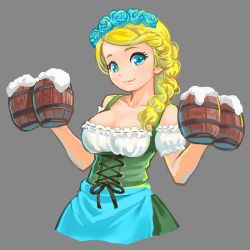 Rule 34 | 1girl, alcohol, apron, bare arms, bare shoulders, beer, beer mug, blonde hair, blouse, blue apron, blue eyes, blue flower, blue rose, bodice, braid, breasts, cleavage, closed mouth, collarbone, cowboy shot, cropped torso, cross-laced clothes, cup, detached sleeves, dirndl, dress, eyelashes, flower, foam, german clothes, green dress, grey background, hair flower, hair ornament, hair over shoulder, head wreath, himeshaga, large breasts, looking at viewer, mug, oktoberfest, original, ribbon trim, rose, shirt, simple background, single braid, smile, solo, underbust, waist apron, white shirt