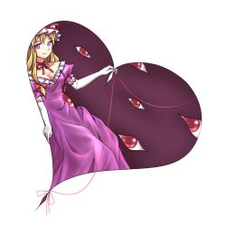 Rule 34 | 1girl, bad id, bad twitter id, blonde hair, breasts, choker, cleavage, dress, elbow gloves, gap (touhou), gloves, hat, hat ribbon, heart, long hair, looking at viewer, minust, mob cap, puffy sleeves, purple dress, purple eyes, ribbon, ribbon choker, short sleeves, simple background, smile, solo, touhou, white background, white gloves, yakumo yukari