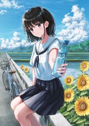 1girl bicycle black_hair black_neckerchief black_skirt blue_sky bob_cut bottle brown_eyes closed_mouth collarbone commentary_request day feet_out_of_frame flower highres holding holding_bottle incoming_drink looking_at_viewer morebi mountain neckerchief original outdoors pleated_skirt power_lines rice_paddy sailor_collar school_uniform serafuku shirt short_hair short_sleeves sidewalk sitting sitting_on_fence skirt sky smile solo sunflower untucked_shirt water water_bottle white_sailor_collar white_shirt