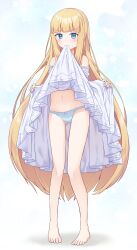 Rule 34 | 1girl, barefoot, blonde hair, blue eyes, blue panties, blush, bow, bow panties, clothes in mouth, clothes lift, commentary request, commission, dress, dress in mouth, dress lift, full body, highres, lifting own clothes, long hair, mouth hold, navel, nenosame, original, panties, pleated dress, skeb commission, solo, sweat, toes, underwear, very long hair, white dress