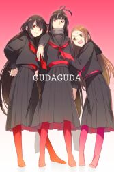 3girls black_hair black_scarf black_shirt black_skirt breasts brown_eyes brown_hair chacha_(fate) cosplay echo_(circa) fate/grand_order fate_(series) forehead full_body grin koha-ace long_hair long_skirt long_sleeves looking_at_viewer medium_breasts multiple_girls neckerchief no_shoes oda_nobunaga_(fate) open_mouth oryou_(fate) oryou_(fate)_(cosplay) pantyhose parted_bangs pink_pantyhose pleated_skirt red_eyes red_pantyhose scarf shirt sidelocks skirt small_breasts smile very_long_hair