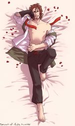Rule 34 | 1boy, barefoot, brown eyes, brown hair, dakimakura (medium), facial hair, fate/apocrypha, fate (series), full body, gloves, goatee, male focus, mustache, open clothes, open shirt, petals, servant of fate, shirt, solo, watermark, web address, william shakespeare (fate)