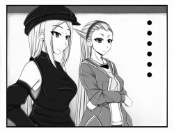 Rule 34 | 2girls, bad id, bad pixiv id, contemporary, detached sleeves, diana (league of legends), earrings, greyscale, hat, headband, jewelry, league of legends, monochrome, monochrome, multiple girls, oldlim, syndra