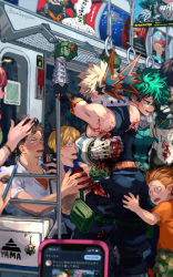 Rule 34 | 5boys, absurdres, bakugou katsuki, blonde hair, blood, blood on clothes, blood on gloves, bodysuit, boku no hero academia, bus, bus interior, cellphone, charm (object), explosive, freckles, gloves, green bodysuit, green gloves, green hair, grenade, highres, holding, holding phone, injury, looking at another, male focus, mask, unworn mask, midoriya izuku, motor vehicle, multiple boys, nipple slip, nipples, open mouth, phone, pointy ears, scallopojisan, smartphone, spiked hair, torn clothes, twitter username, white gloves