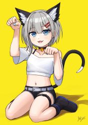 Rule 34 | :3, animal ear fluff, animal ears, ankle boots, arm up, artist name, bare shoulders, bell, belt, belt buckle, black choker, black footwear, black shorts, blue eyes, blue nails, blush, boots, bra strap, buckle, cat day, cat ears, cat tail, choker, collarbone, commentary, crop top, facing viewer, hair between eyes, hair ornament, hairclip, hand up, highres, jingle bell, looking at viewer, medium hair, midriff, nail polish, navel, neck bell, off-shoulder shirt, off shoulder, open mouth, paw pose, revision, rurine luna, shadow, shirt, short shorts, shorts, signature, silver hair, single strap, sitting, solo, stomach, tail, thigh belt, thigh strap, virtual youtuber, wactor production, wariza, white belt, white shirt, yellow background, yof (sc gazer)