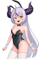 Rule 34 | 1girl, 9696k, absurdres, ahoge, animal ears, bare shoulders, black leotard, blush, bow, bowtie, braid, breasts, cleavage, collar, covered navel, demon girl, demon horns, detached collar, fake animal ears, fang, grey hair, hair between eyes, highleg, highleg leotard, highres, hololive, horns, la+ darknesss, leotard, long hair, looking at viewer, multicolored hair, open mouth, oversized breast cup, playboy bunny, purple hair, rabbit ears, simple background, skindentation, small breasts, smile, solo, strapless, strapless leotard, streaked hair, striped horns, thighhighs, traditional bowtie, very long hair, virtual youtuber, white background, white thighhighs, wrist cuffs, yellow eyes