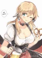 Rule 34 | 10s, 1girl, :t, alcohol, anchor hair ornament, beamed quavers, beer, beer mug, blonde hair, breasts, chibirisu, cleavage, cross, cup, dirndl, eating, female focus, food, german clothes, german flag, germany, hair ornament, iron cross, kantai collection, large breasts, long hair, mug, musical note, oktoberfest, one eye closed, pretzel, prinz eugen (kancolle), smile, solo, spoken musical note, twintails, underbust