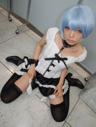 Rule 34 | 1girl, alternate costume, asian, ayanami rei, black footwear, black skirt, black thighhighs, blue hair, breasts, clothes lift, collar, color contacts, cosplay, frilled skirt, frills, full body, goth fashion, high heels, indoors, lace, leash, lifted by self, looking at viewer, makeup, mascara, miniskirt, namada, neon genesis evangelion, photo (medium), red eyes, short hair, sitting, skirt, skirt lift, small breasts, solo, thighhighs, wariza, zettai ryouiki