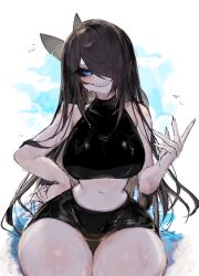 Rule 34 | 1girl, black hair, black sclera, black shirt, black shorts, blue eyes, blush, breasts, cloud, colored sclera, covered collarbone, fins, hair over one eye, halter shirt, halterneck, head fins, head tilt, highres, long hair, looking at viewer, medium breasts, midriff, navel, one eye covered, original, shark fin, sharp teeth, shirt, short shorts, shorts, sitting, sky, smile, solo, teeth, thick thighs, thighs, usa37107692, very long hair, wide hips
