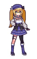 Rule 34 | 1girl, absurdres, animated, arm at side, art (rtrunl), black corset, black gloves, black pantyhose, blonde hair, blue footwear, blue headwear, blue skirt, boots, breasts, cleavage, corset, dokibird (vtuber), fingerless gloves, full body, gloves, green eyes, grey jacket, hair between eyes, hand on own hip, highres, indie virtual youtuber, jacket, knee boots, layered skirt, long hair, long sleeves, looking at viewer, looping animation, miniskirt, open clothes, open jacket, outline, pantyhose, pixel art, simple background, single leg pantyhose, skirt, smile, solo, tachi-e, transparent background, twintails, virtual youtuber, white outline