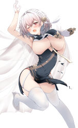 Rule 34 | 1girl, arm up, azur lane, breast curtains, breasts, china dress, chinese clothes, commission, dress, flower, foot out of frame, garter straps, gloves, grey dress, hair flower, hair ornament, half gloves, high heels, highres, large breasts, mikuchi3939, official alternate costume, one eye closed, open mouth, pelvic curtain, red eyes, revealing clothes, ribbon between breasts, shoes, short hair, simple background, sirius (azur lane), sirius (azure horizons) (azur lane), skeb commission, solo, thighhighs, white background, white footwear, white garter straps, white hair, white thighhighs