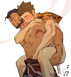 Rule 34 | 2boys, abs, bara, beard, belt, biceps, blush, brown hair, cape, carrying, dark-skinned male, dark skin, facial hair, flute, hand under clothes, hug, instrument, itto (mentaiko), long sideburns, male focus, mature male, multiple boys, muscular, muscular male, navel, nipples, nude, original, pants, pectorals, saliva, saliva trail, scar, scar across eye, scar on chest, scar on face, scar on stomach, sideburns, sleeping, sound effects, spiked hair, topless male, yaoi