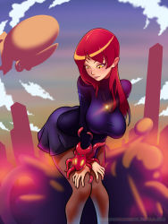 Rule 34 | 1girl, breasts, consensual tentacles, deliciousorange, eyeshadow, female focus, hands on own knees, jewelry, large breasts, leaning forward, long hair, makeup, monster, necklace, pantyhose, parasoul (skullgirls), pendant, red hair, skirt, skirt set, skullgirls, solo, sunset, taut clothes, tentacles, yellow eyes