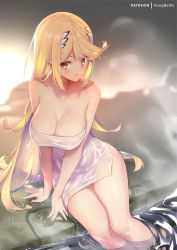 Rule 34 | 1girl, bare shoulders, bathing, blonde hair, blush, breasts, cleavage, collarbone, hong (white spider), large breasts, long hair, looking at viewer, mythra (xenoblade), naked towel, onsen, open mouth, rock, sitting, soaking feet, solo, steam, swept bangs, thighs, towel, water, wet, xenoblade chronicles (series), xenoblade chronicles 2, yellow eyes