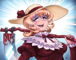 Rule 34 | blonde hair, blush, bow, breasts, brown dress, david hrusa, dress, elly (touhou), eyelashes, hat, hat bow, highres, juliet sleeves, long sleeves, medium breasts, medium hair, nervous, open mouth, puffy sleeves, red ribbon, ribbon, scythe, solo, sun hat, sweatdrop, teeth, touhou, touhou (pc-98), upper body, upper teeth only, white hat, yellow eyes
