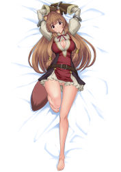 Rule 34 | 1girl, animal ears, arms up, barefoot, bed sheet, belt, blush, bottomless, breasts, brown hair, cleavage, cleavage cutout, cleft of venus, clothing cutout, dress, feet, female focus, full body, gloves, hair ornament, hair tubes, highres, knee up, large breasts, long hair, long sleeves, looking at viewer, lying, miyagoe yoshitsuki, no panties, on back, parted lips, puffy long sleeves, puffy sleeves, purple eyes, pussy, raccoon ears, raccoon tail, raphtalia, short dress, sidelocks, solo, tail, tate no yuusha no nariagari, toes, uncensored