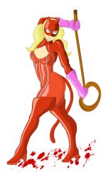 Rule 34 | 10s, 1girl, blonde hair, blood, blood stain, blue eyes, bodysuit, boots, breasts, cat mask, cleavage, cleavage cutout, clothing cutout, domino mask, female focus, gloves, highres, hip focus, latex, latex suit, mask, persona, persona 5, solo, standing, tail, takamaki anne, thigh boots, thighhighs, twintails, whip, zipper