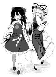 Rule 34 | 2girls, ascot, bad id, bad twitter id, bare shoulders, blush, bow, commentary request, detached sleeves, dress, closed eyes, facing another, frilled shirt collar, frills, gohei, greyscale, hair between eyes, hair bow, hair tubes, hakurei reimu, hat, hat ribbon, holding, holding hands, juliet sleeves, layered dress, long hair, long sleeves, mob cap, monochrome, multiple girls, open mouth, petticoat, puffy sleeves, ribbon, ribbon-trimmed sleeves, ribbon trim, sarashi, shide, shnva, shoes, simple background, sleeves past fingers, sleeves past wrists, smile, socks, tabard, touhou, walking, white background, wide sleeves, yakumo yukari, yuri
