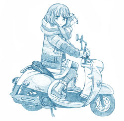 Rule 34 | bbb (friskuser), blue theme, boots, coat, constricted pupils, from behind, long hair, long sleeves, medium skirt, monochrome, motor vehicle, on vehicle, open clothes, open coat, pantyhose, parted bangs, riding, scarf, scooter, shima rin, skirt, smile, solo, yamaha vino, yurucamp