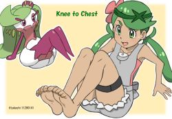 Rule 34 | 1girl, arm support, barefoot, border, collarbone, commentary request, creatures (company), dark-skinned female, dark skin, exercising, feet, flower, game freak, gen 7 pokemon, green eyes, green hair, green headband, grey overalls, headband, highres, legs together, long hair, mallow (pokemon), nintendo, open mouth, overall shorts, overalls, pink flower, pink shirt, pokemon, pokemon (anime), pokemon (creature), pokemon sm (anime), shinohara takashi, shirt, soles, sweatdrop, swept bangs, thigh strap, toes, tongue, tsareena, twintails, twitter username, white border, yellow background
