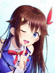 Rule 34 | 1girl, ;d, aqua background, blue eyes, blue vest, bow, bowtie, breasts, brown hair, buttons, collared shirt, finger to mouth, hair bow, hair flaps, hair ornament, head tilt, hololive, index finger raised, long hair, looking at viewer, medium breasts, mikannsisyou, one eye closed, open mouth, red bow, red bowtie, shirt, shushing, sidelocks, silhouette, simple background, sleeveless, sleeveless shirt, smile, solo, star (symbol), star hair ornament, starry background, teeth, tokino sora, tokino sora (1st costume), two-tone background, upper body, upper teeth only, vest, virtual youtuber, white background, white shirt, wing collar, wrist cuffs