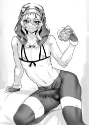 Rule 34 | 1boy, bike shorts, bikini, bikini top only, bridget (guilty gear), bulge, closed mouth, erection, erection under clothes, fingerless gloves, gloves, greyscale, guilty gear, guilty gear strive, habit, hair between eyes, hat, highres, holding, looking at viewer, male focus, meme50, monochrome, nipple cutout, simple background, solo, swimsuit, thighhighs, trap, yo-yo