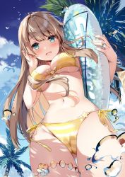 Rule 34 | 1girl, :d, aqua eyes, bikini, bird, blue sky, blush, breasts, brown hair, cameltoe, cloud, commentary request, day, halterneck, holding, holding swim ring, innertube, long hair, looking at viewer, looking down, medium breasts, miyase mahiro, navel, open mouth, original, outdoors, palm tree, seagull, side-tie bikini bottom, sky, smile, solo, stomach, string bikini, striped bikini, striped clothes, swim ring, swimsuit, thigh strap, tree, underwear, water drop