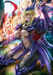 Rule 34 | 1girl, artist name, artoria pendragon (fate), artoria pendragon (lancer alter) (fate), blonde hair, bodysuit, braid, breasts, cape, cleavage, commission, dark rhongomyniad, fate/grand order, fate (series), french braid, gauntlets, highres, huge breasts, kaopon, large breasts, long hair, looking at viewer, open mouth, revealing clothes, rhongomyniad (fate), ribbed bodysuit, skeb commission, twitter username, underboob, weapon, yellow eyes