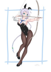 Rule 34 | 1girl, aiming, animal ears, arrow (projectile), bandages, black footwear, black leotard, blue eyes, blue neckerchief, bow (weapon), braid, breasts, brown pantyhose, cleavage, commentary request, detached collar, fake animal ears, hair flaps, high heels, highres, kantai collection, leotard, long hair, looking at viewer, medium breasts, neckerchief, one eye closed, pantyhose, playboy bunny, rabbit ears, saburou hiji, silver hair, single braid, solo, standing, strapless, strapless leotard, tail, umikaze (kancolle), umikaze kai ni (kancolle), very long hair, weapon, white background