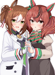 Rule 34 | 2girls, :d, absurdres, animal ears, black dress, black skirt, blush, bow, breasts, brown eyes, brown hair, collared shirt, commentary request, diagonal-striped bow, dress, fine motion (umamusume), gloves, green shirt, grey shirt, hair between eyes, has bad revision, has cropped revision, highres, holding hands, horse ears, interlocked fingers, juliet sleeves, long sleeves, looking at viewer, md5 mismatch, medium breasts, multicolored hair, multiple girls, nice nature (umamusume), open mouth, parted lips, puffy sleeves, resolution mismatch, shirt, simple background, skirt, sleeveless, sleeveless dress, smile, sonosakiburi, source smaller, streaked hair, twintails, umamusume, white background, white gloves, white hair