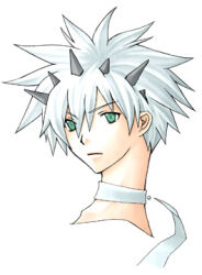 Rule 34 | 1boy, bad id, cropped shoulders, expressionless, final fantasy, final fantasy unlimited, green eyes, hair between eyes, horns, lowres, male focus, multiple horns, rendezvous, scarf, shiroi kumo, simple background, solo, upper body, white background, white hair, white scarf