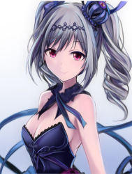 Rule 34 | 1girl, bare arms, blue dress, breasts, cleavage, detached collar, dress, drill hair, grey hair, hair ornament, halftone, halftone background, idolmaster, idolmaster cinderella girls, kanzaki ranko, looking at viewer, medium hair, nannacy7, red eyes, sideboob, sleeveless, sleeveless dress, small breasts, smile, solo, strapless, strapless dress, twin drills, upper body