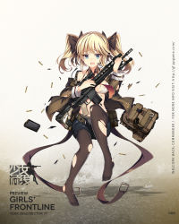Rule 34 | 1girl, bag, bare shoulders, battle rifle, belt, bikini, bikini top only, black pantyhose, black ribbon, black shorts, blazer, blonde hair, blue eyes, blush, bow, bow panties, breasts, brown jacket, buckle, bullet, character name, closed mouth, clothes writing, collarbone, copyright name, detached collar, floating, frown, full body, girls&#039; frontline, gun, hair ornament, hair ribbon, headset, highres, holding, holding gun, holding magazine (weapon), holding weapon, jacket, jianren, knee up, larue tactical obr, logo, long hair, long sleeves, magazine (weapon), medium breasts, navel, necktie, no shoes, obr (girls&#039; frontline), off shoulder, official art, open clothes, open jacket, panties, panties under pantyhose, pantyhose, red necktie, ribbon, rifle, scope, shiny skin, short shorts, shorts, shoulder bag, sidelocks, solo, stomach, swimsuit, torn bikini, torn clothes, torn jacket, torn pantyhose, twintails, two side up, unbuttoned pants, underwear, weapon, white bikini, wide sleeves