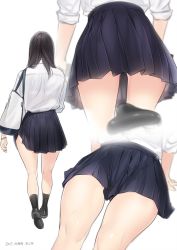 Rule 34 | 1girl, ama mitsuki, artist name, bag, bicycle, bicycle seat, black hair, blouse, blue skirt, blurry, bra, bra visible through clothes, clothes lift, commentary request, dated, from behind, full body, long hair, multiple views, original, pleated skirt, school uniform, see-through, shirt, simple background, skirt, skirt lift, sleeves rolled up, standing, thighs, underwear, wardrobe malfunction, white bra, white shirt