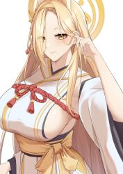 Rule 34 | 1girl, animal ears, blonde hair, blue archive, breasts, detached sleeves, eyes visible through hair, fuurin restia, hair over one eye, halo, highres, japanese clothes, kaho (blue archive), kimono, large breasts, long hair, looking at viewer, mole, mole under mouth, sideboob, simple background, solo, white background, white kimono, wide sleeves, yellow halo