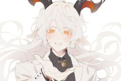 Rule 34 | 1boy, animal ear fluff, animal ears, arknights, black shirt, collared shirt, dress shirt, floating hair, grey hair, hair between eyes, hand up, horns, jacket, kreide (arknights), long hair, looking at viewer, male focus, open clothes, open jacket, orange eyes, parted lips, rio (rio773), shirt, simple background, smile, solo, upper body, very long hair, white background, white jacket