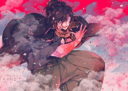 Rule 34 | 1boy, black hair, blood, blood on hands, blood splatter, eyes visible through hair, facial hair, fate/grand order, fate (series), feet out of frame, fighting stance, fu yukari, hair over one eye, holding, holding weapon, japanese clothes, kimono, koha-ace, long hair, male focus, okada izou (fate), ponytail, serious, sheath, solo, stubble, unsheathing, weapon, yellow eyes